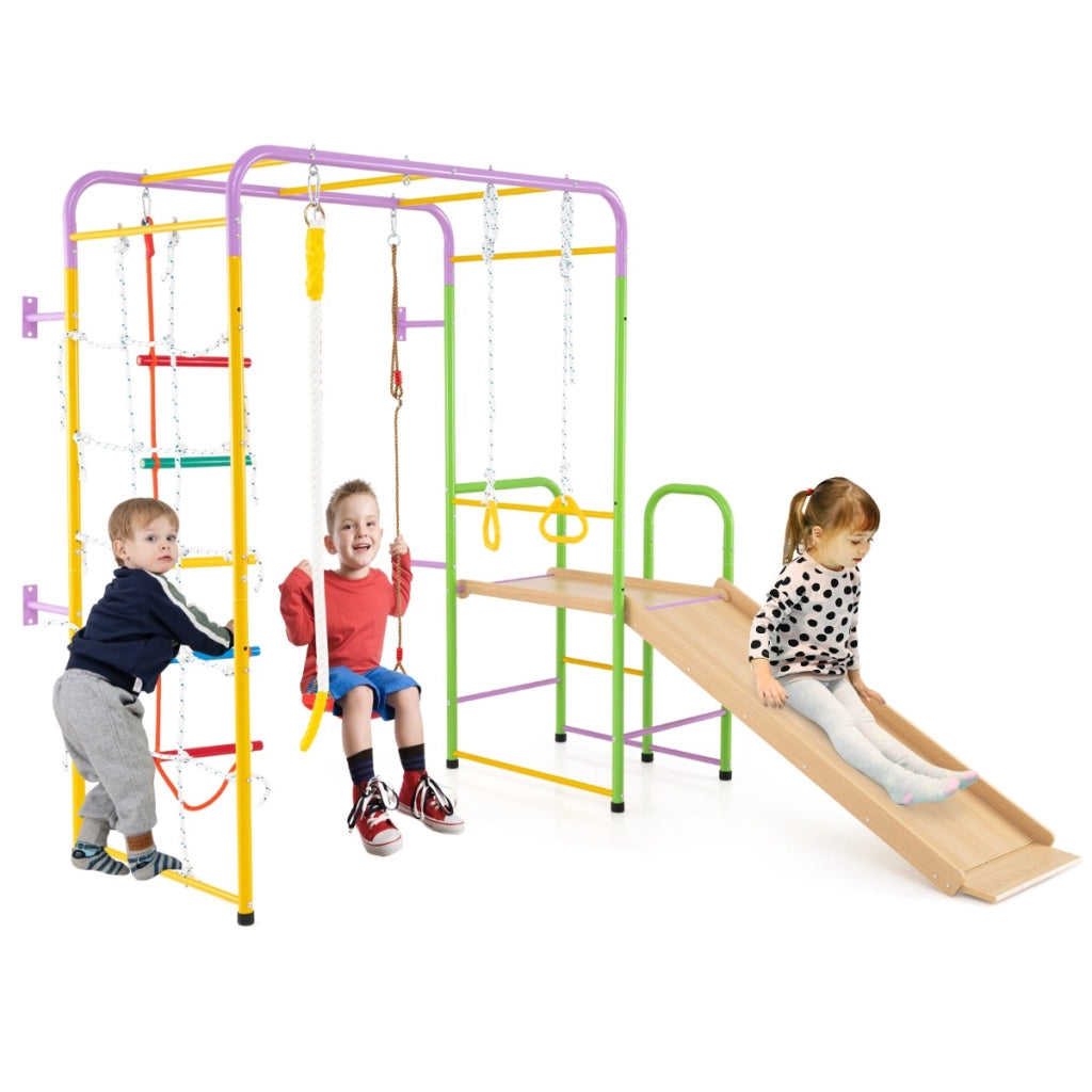 Playset da arrampicata 8 in 1 con barre parco giochi da interno anelli ginnici-Set giocattoli scivolo per bambini regalo per et¨¤ 3+