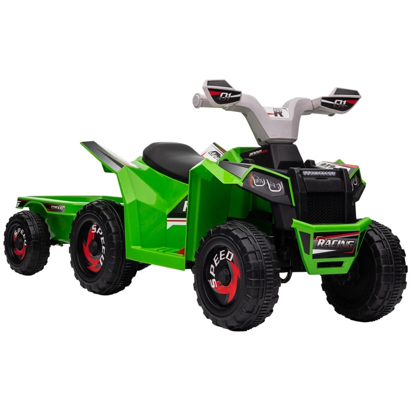 Quad per bambini, ricaricabile, 2,5 km/h, con rimorchio, 50 min. di autonomia, per bambini da 1,5 a 3 anni, verde.