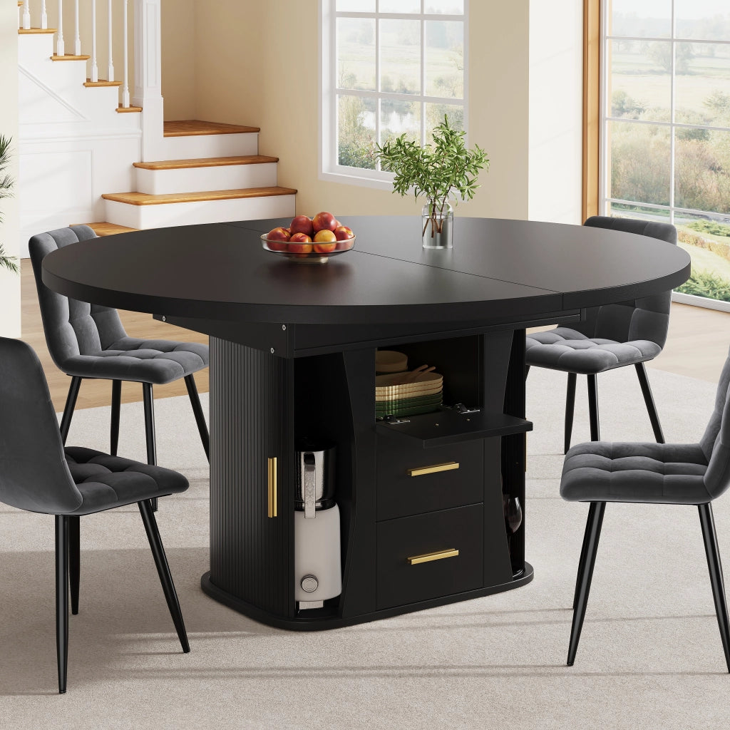 Tavolo da pranzo - rotondo estraibile - da 118 a 158 cm - 3 livelli stoccaggio - fino a 6 persone - nero