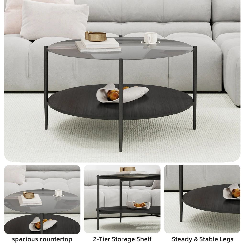 Tavolino da caffè rotondo a 2 ripiani in vetro fumé nero; legno e ferro; ? 82 x 45 cm