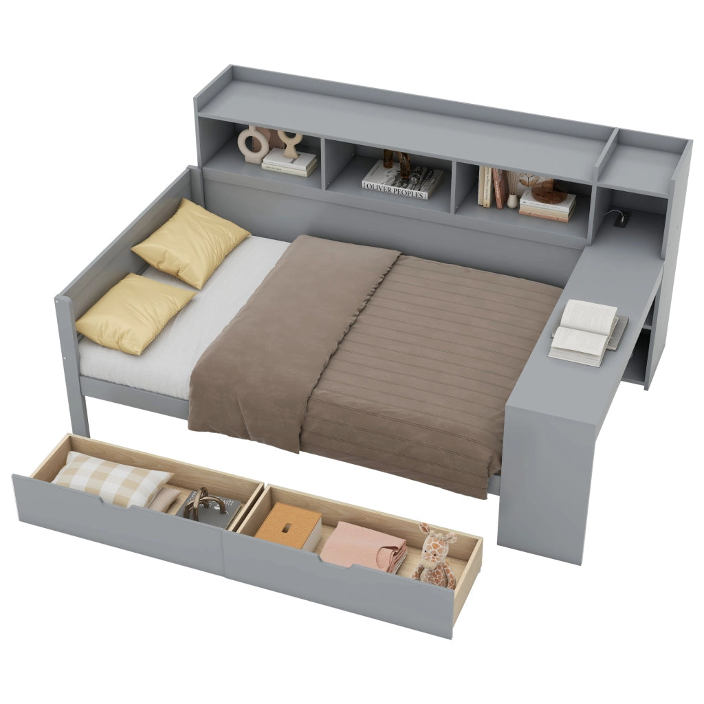 LETTO 90x200 cm con scrivania 2 cassetti USB e presa Grigio