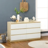 Cassettiera 6 Cassetti Moderna in Legno, 135x48x77cm, Bianco e Colore Legno