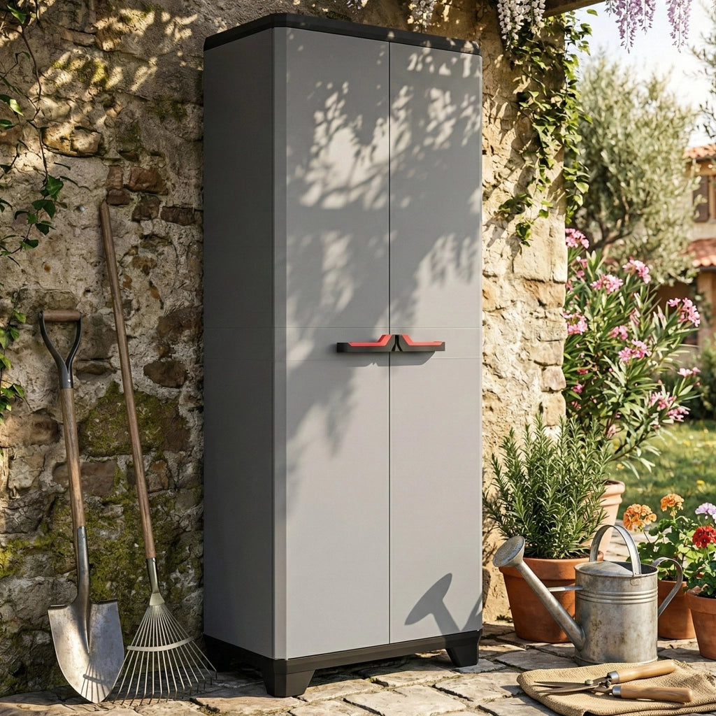 Armadio da esterno Cochrane, Mobile outdoor, Mobiletto giardino multiuso, Contenitore per balcone o garage, Made in Italy, 68x39 h173 cm, Grigio