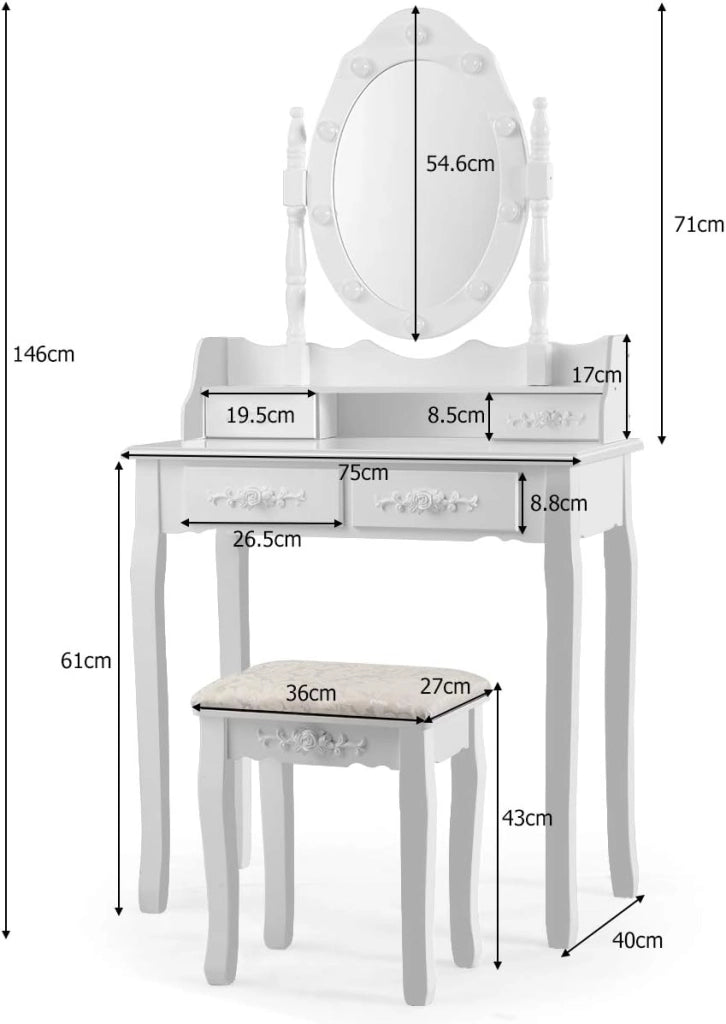 Toeletta Trucco, Postazione Trucco in Legno con Sgabello, 4 Cassetti e Specchiera Rimovibile Girevole a 360° con 10 LED Dimmerabili, Portata di 100+25 kg, 75x40x146cm (Bianco)