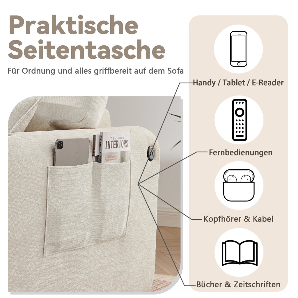 Divano a 2 posti compatto con tasca laterale, portabicchieri, cuscini e ricarica USB in chenille beige