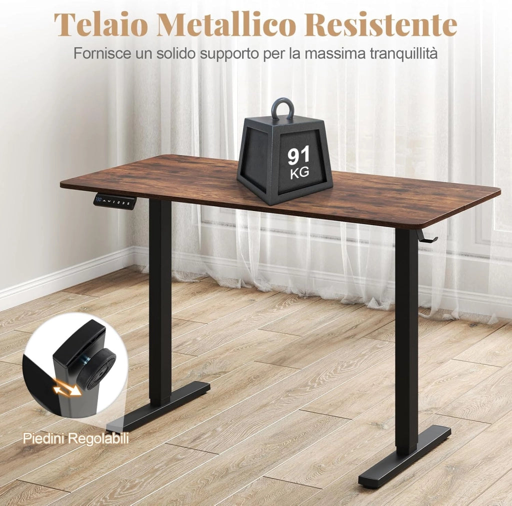 Scrivania Elettrica Ergonomica 120 x 60 cm, 3 Memorie di Altezza, Protezione Anti-Collisione e Gancio per Cuffie, Scrivania Regolabile in Altezza per Ufficio e Casa (Marrone)