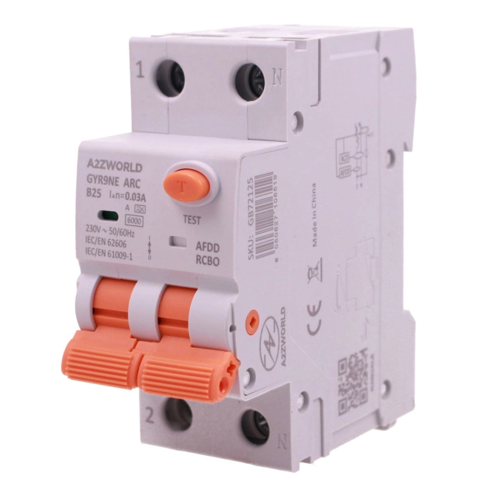 A2ZWORLD AFDD RCBO Interruttore Antincendio, Magnetotermico Differenziale con Rilevamento di Arco Elettrico, Tipo A Curva B, 1P+N 2M 6000A 30mA, AC 220V Doppia Leva GYR9NE-ARC (B25A)