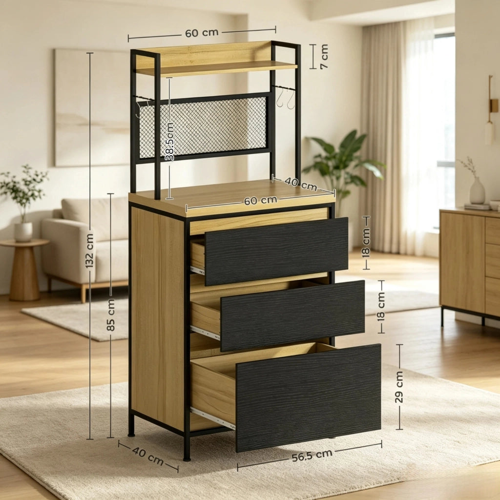 Mobile da cucina industriale con 3 cassetti, piano di lavoro, ripiano e 4 ganci