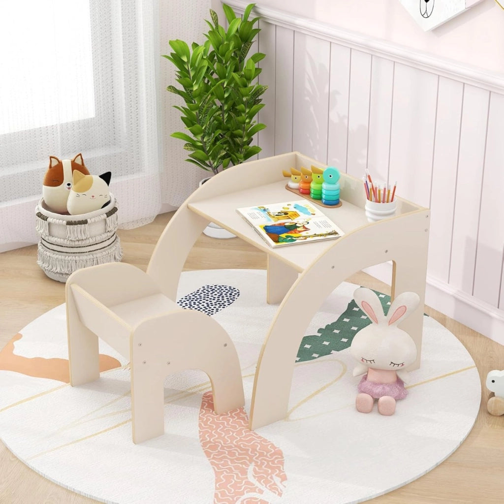 Set tavolo e sedia per bambini 3+ anni, Attivit¨¤ carino con ampio piano d'appoggio e bordo curvato Bianco-Tavoli e sedie