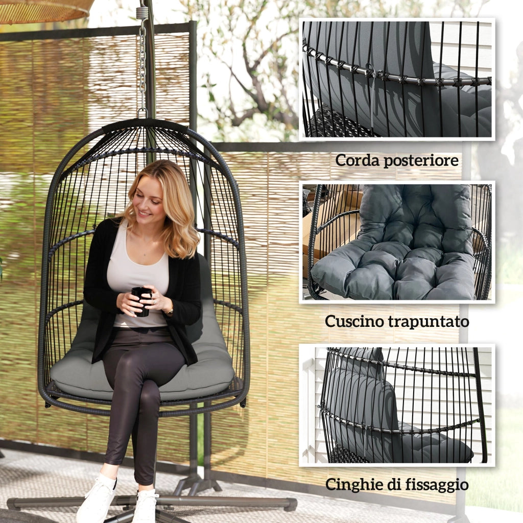 Amaca Poltrona Sospesa a Dondolo Pieghevole 74x68x105A cm da Interno ed Esterno Grigio Scuro