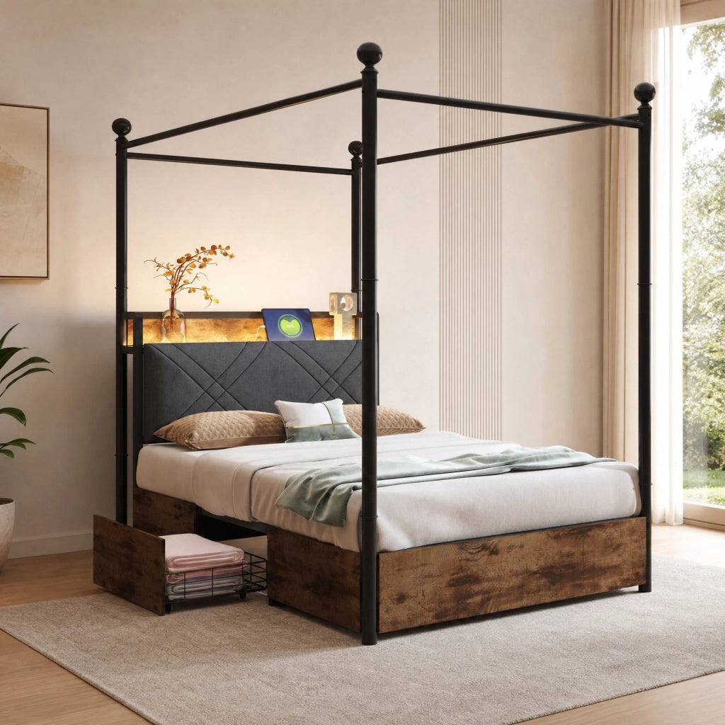 Letto singolo multifunzione 90x190 cm con baldacchino removibile; LED; USB e struttura nera in metallo