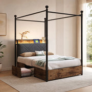 Letto singolo multifunzione 90x190 cm con baldacchino removibile; LED; USB e struttura nera in metallo