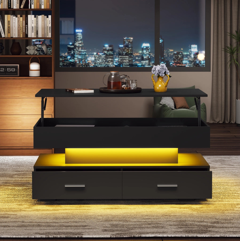Tavolino da salotto nero idraulico con LED Bluetooth, 2 cassetti, 100x50x44 cm