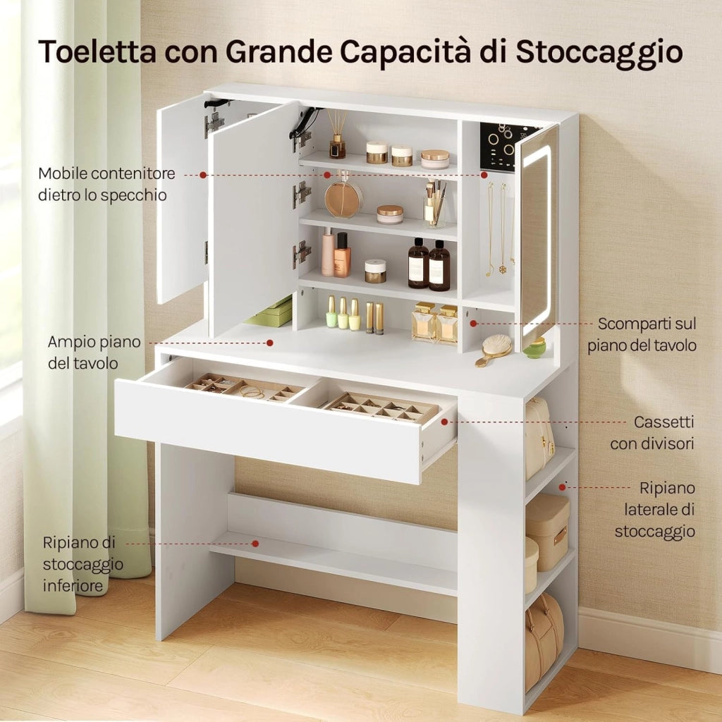 Toeletta con Specchio a LED, Luminosità Regolabile, Postazione Trucco con Scomparti Aperti e Ampio Cassetto, per Camera da Letto, Soggiorno, in Legno, Bianco, 90x40x135 cm