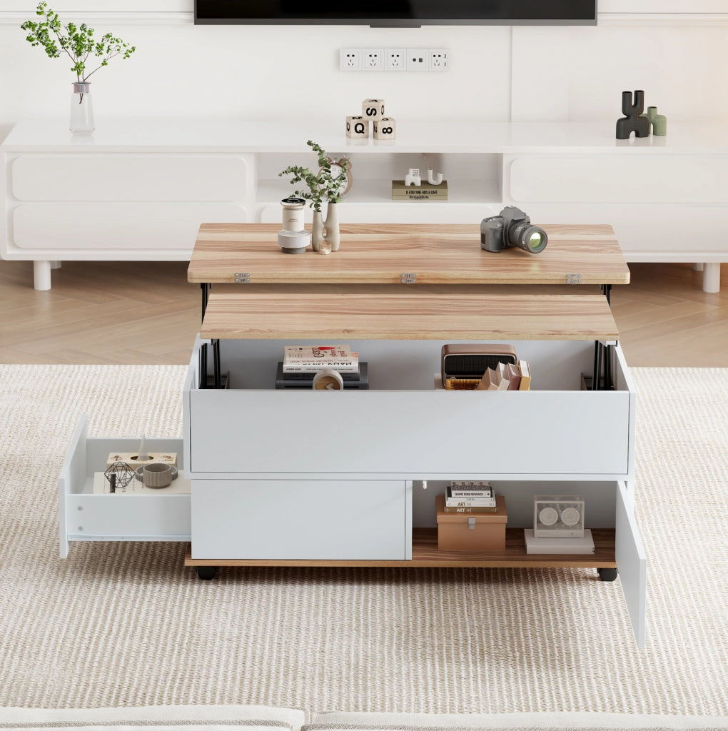 Tavolino da salotto rialzabile 100 x 98 x 65 cm in truciolare; bianco e effetto legno naturale
