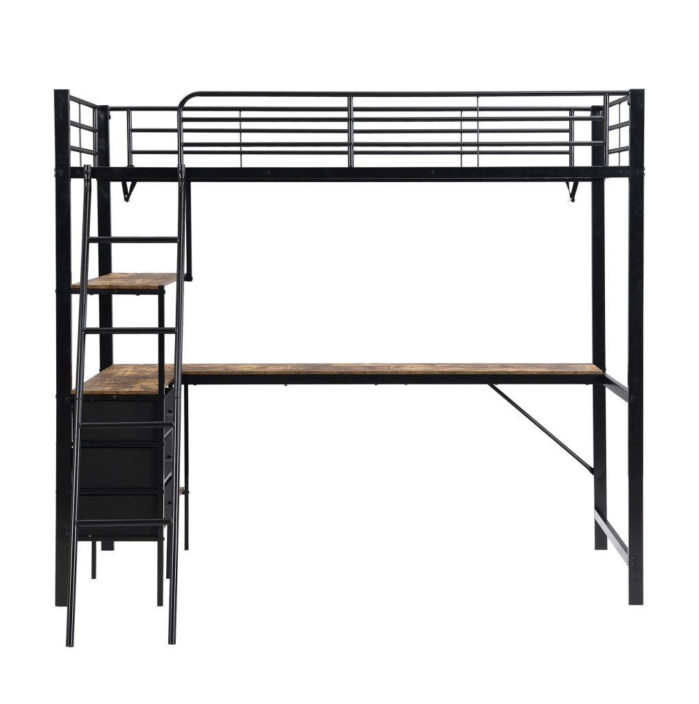 Letto a castello 90x200 cm nero e noce scuro, metallo e legno, con scrivania