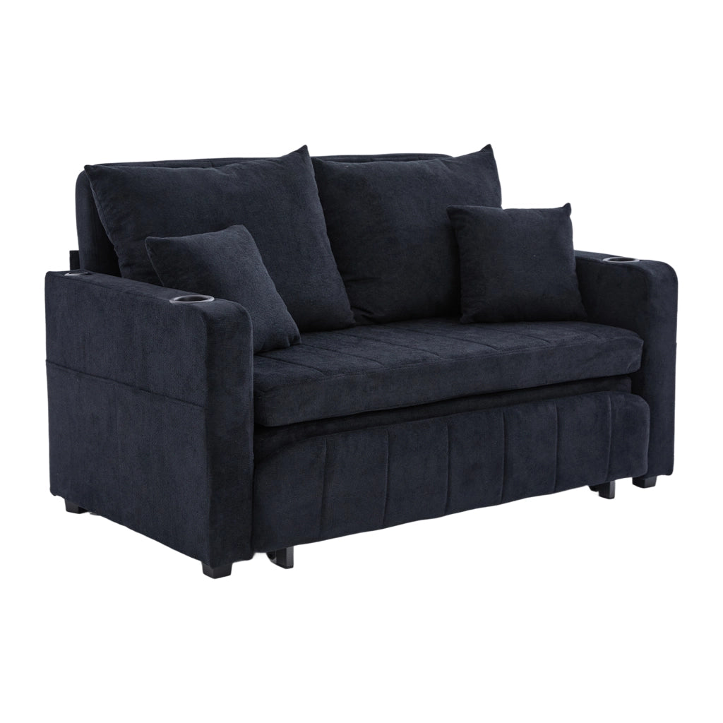 OKWISH Divano Letto 2 Posti con Tasca Laterale e 4 Cuscini, Seduta in Schiuma ad Alta Densità, Ciniglia, Nero