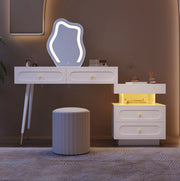Toeletta bianca con specchio LED, 4 cassetti e mobile laterale