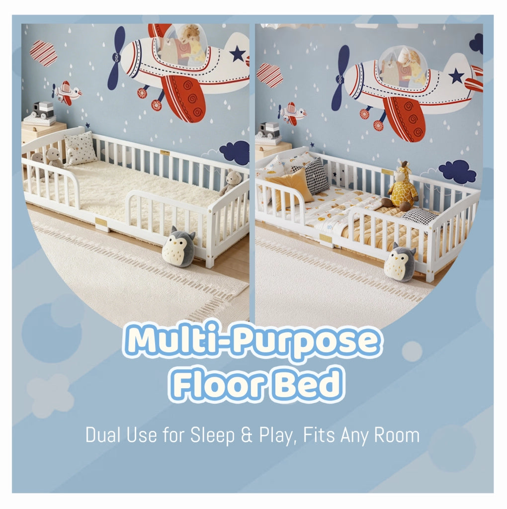 Letto a pavimento per bambini 90x200 cm in pino bianco