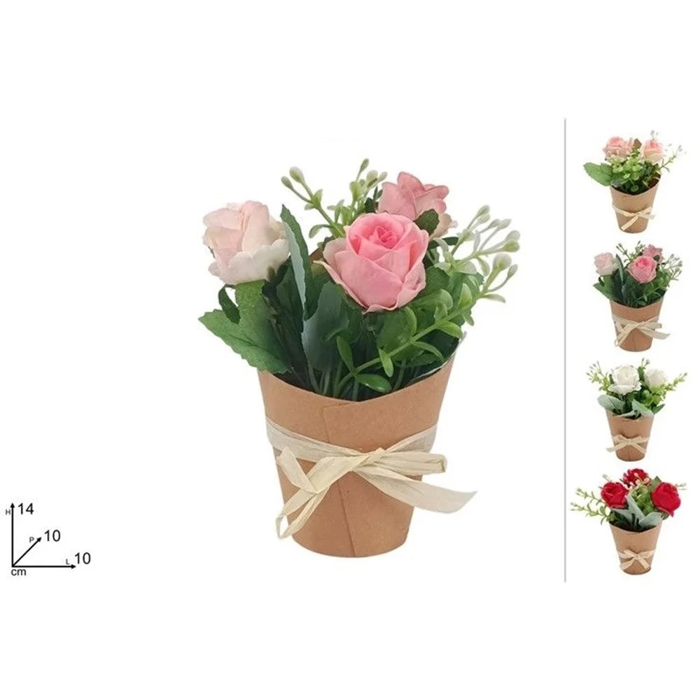 Trade Shop - Set 12 Pz Bouquet Di Fiori Finti Piantina Rose In 4 Colori Con Cartoncino Fiocco 656891 -