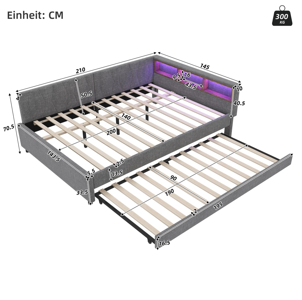 Letto estraibile 140x200 cm grigio con LED, USB-C e vani contenitore