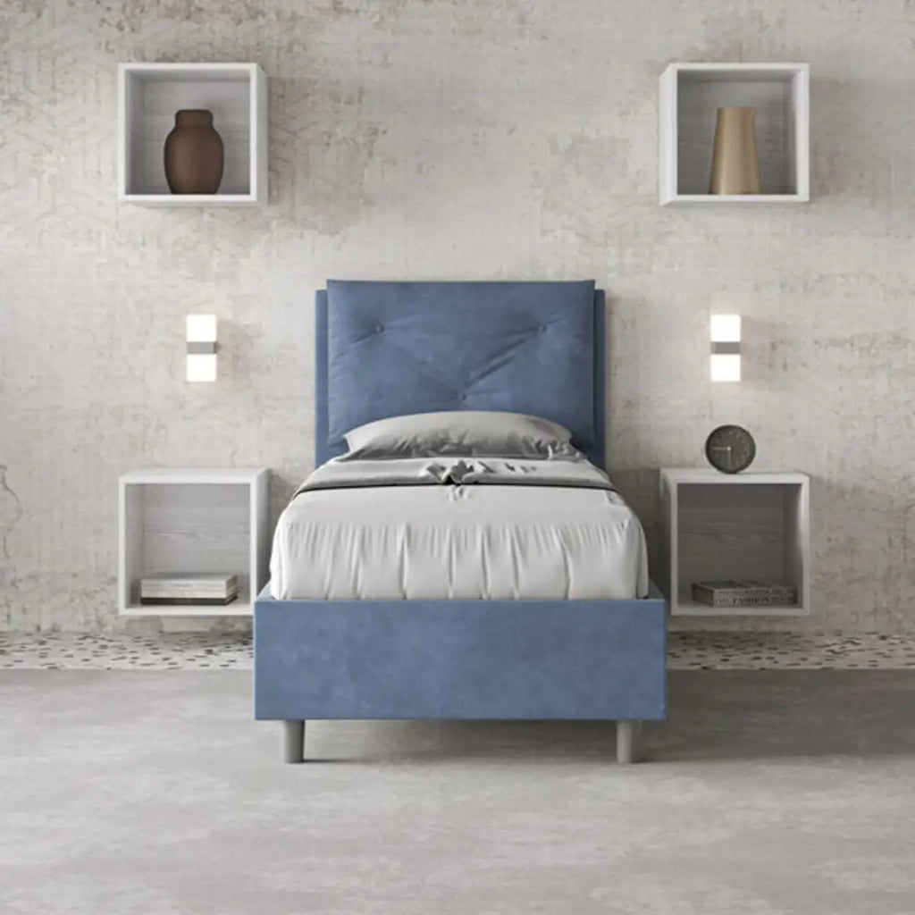 Letto singolo contenitore imbottito 80x190 microfibra blu Appia