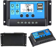 Regolatore di Carica Solare PWM per Batteria 12V/24V con Pannello Solare e Display USB