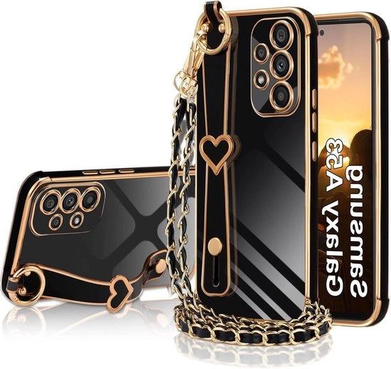 Casella di protezione con cordoncino e polsiera retrattile per Samsung Galaxy A53 5G - Otre in silicone con cinturino, materiale TPU, estremamente morbido e leggero, resistente allo shock in nero