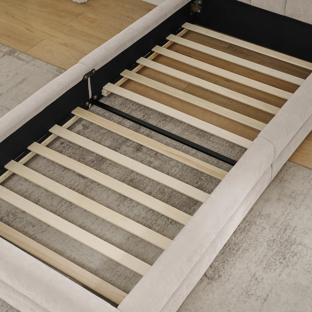 DESMIU Lit simple 90 × 200 cm con testiera imbottita, senza materasso, in ciniglia, beige
