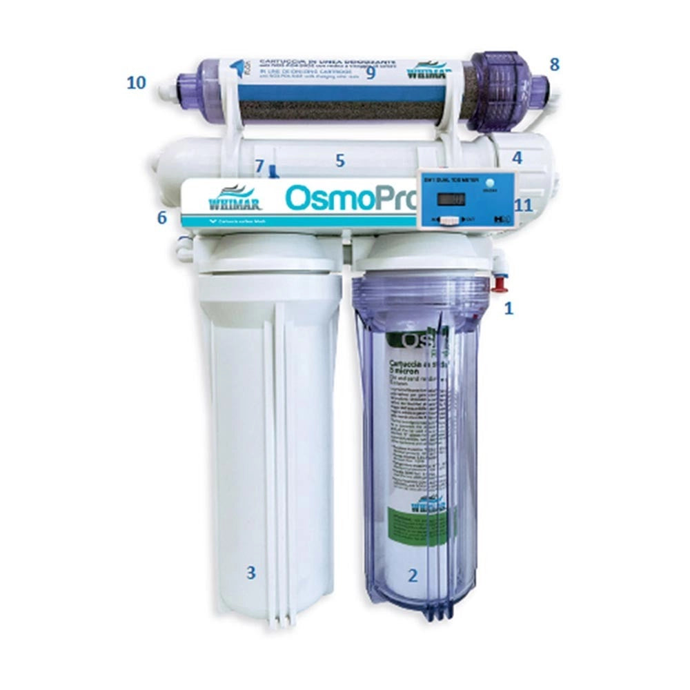Whimar OsmoPro Tech Plus 50GPD 190L/g - Impianto bicchiere con membrana Pentair, flush-valve, post-filtro deionizzante e TDS
