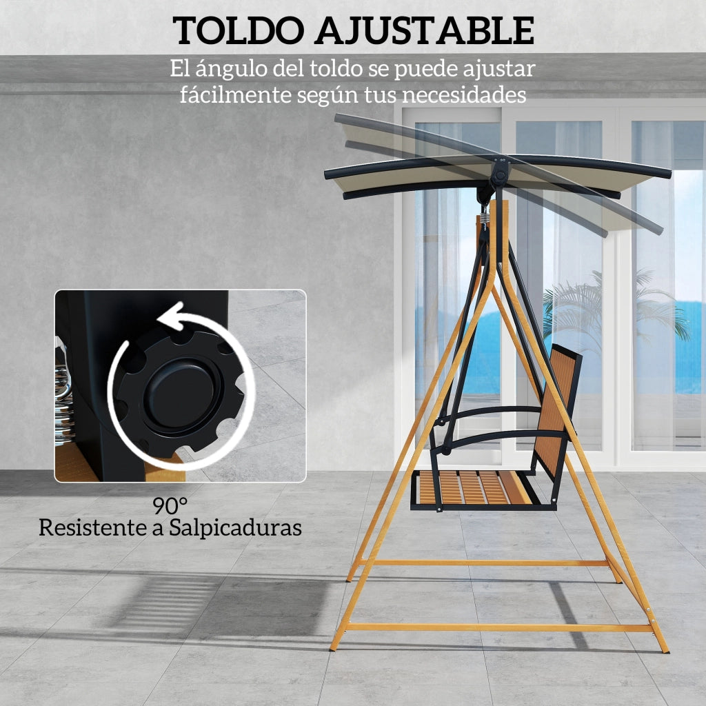 Sedia a dondolo da giardino 2 posti ¨C zephmum ¨C struttura in metallo, legno naturale, beige, 142x112x162 cm