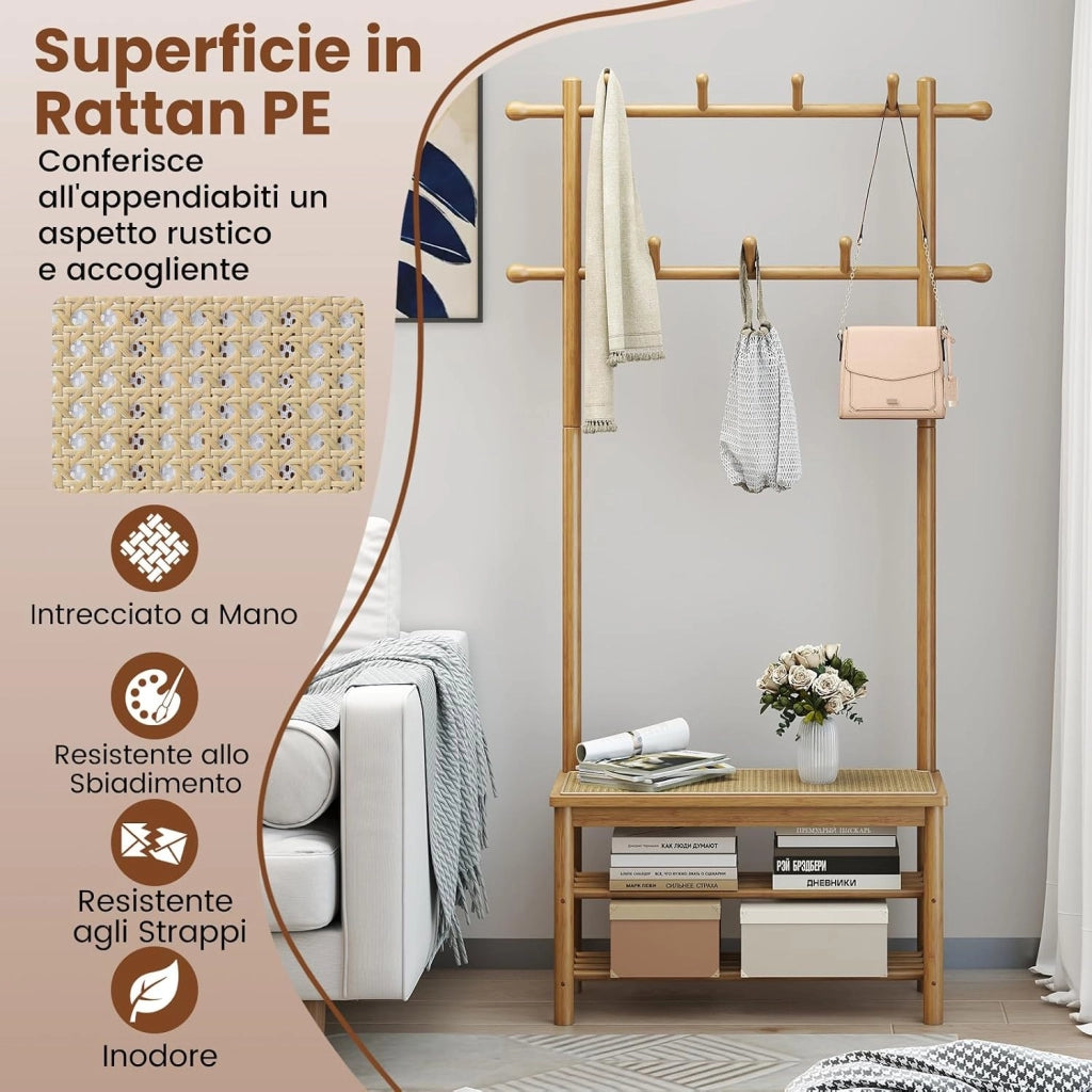 3 in 1 Appendiabiti da Terra in Bambù, Appendiabiti Salvaspazio con Scarpiera a 2 Ripiani, Panca in Rattan PE e 11 Ganci Arrotondati, Mobile Ingresso, 71 x 30 x 169,5 cm (Naturale)