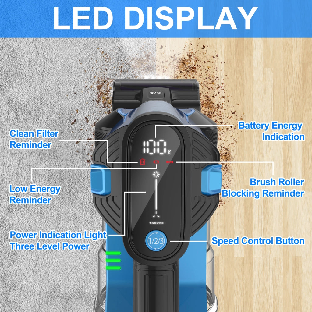 TASVAC S8 Aspirapolvere senza fili blu con display a LED e spazzola a rullo morbida