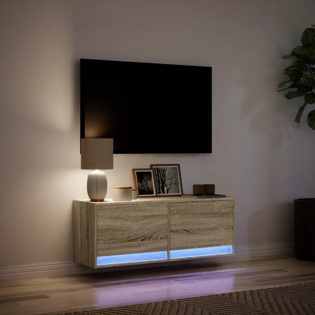 Mobile TV a Parete con Luci LED Rovere Sonoma 100x31x35 cm 852364