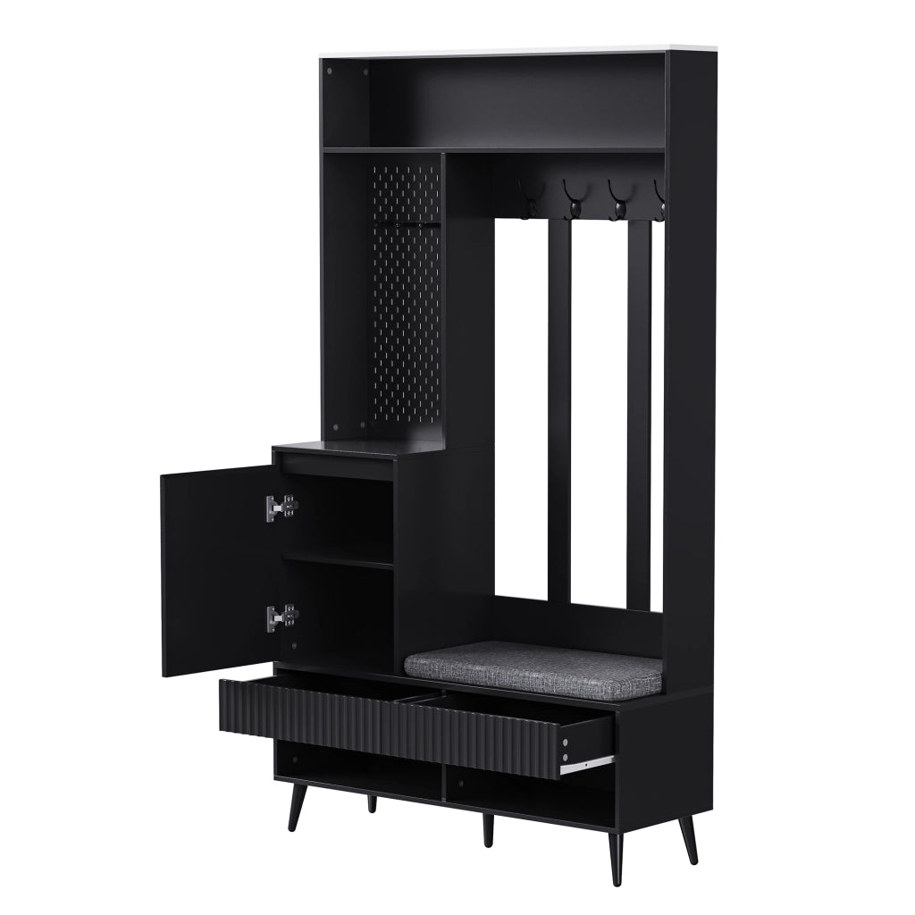 Mobile da Ingresso con 1 Anta; 2 Cassetti; Ripiani Aperti e 4 Ganci; con Panca; per Ingresso; in MDF; 100 × 35 × 180 cm; Nero
