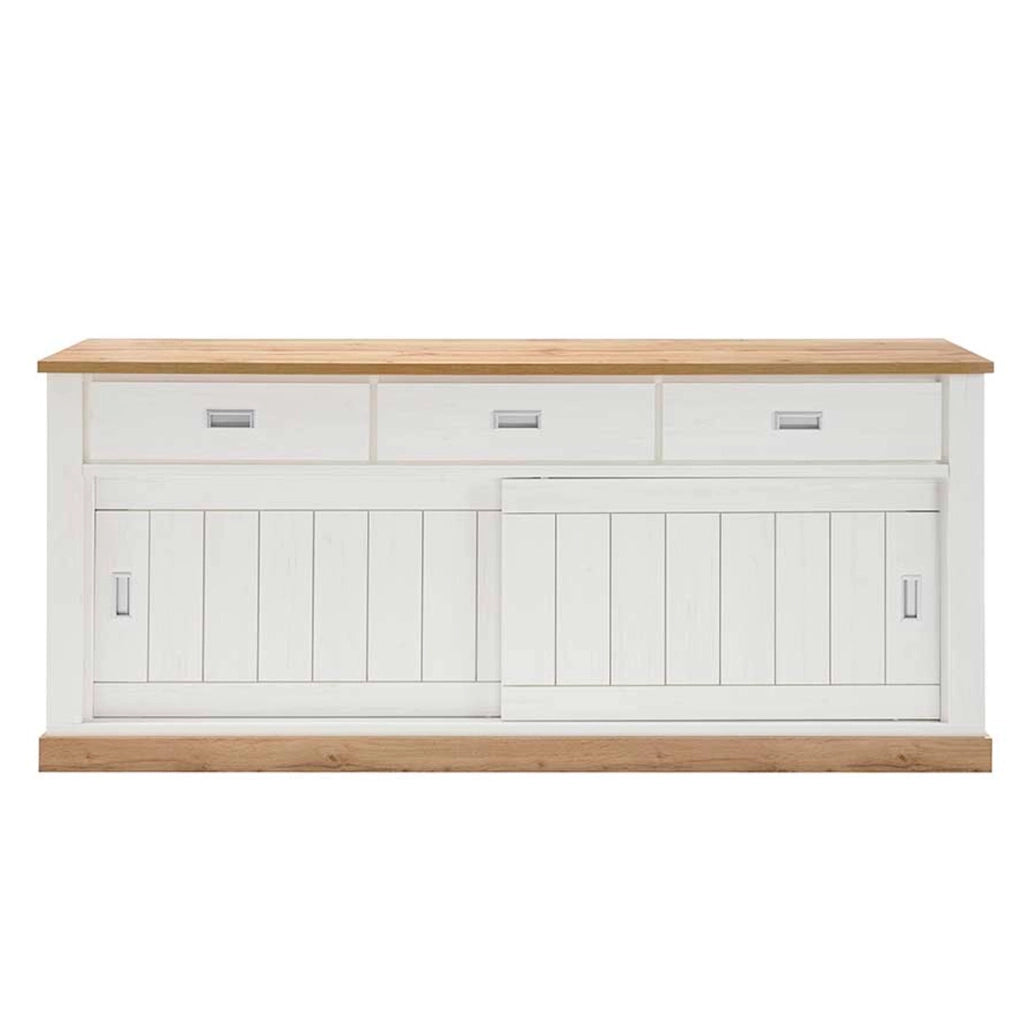 Madia Credenza Con 3 Cassetti 2 Ante Scorrevoli E 4 Ripiani Interni Mobile Dispensa Per Cucina Soggiorno Zona Living Design Classico Moderno 220 X 50 X 95 Cm Bianco E Rovere