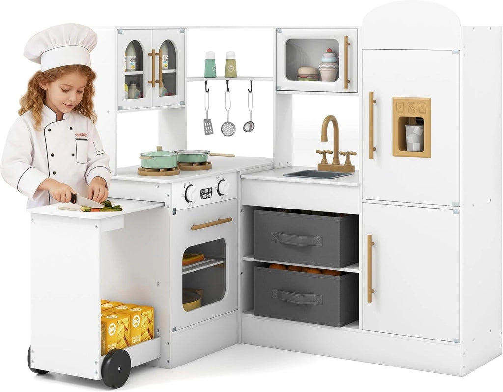 Cucina Giocattolo Angolare in Legno, Set di Cucina Giocattolo per Bambini con Lavabo, Fornelli, Forno, Frigorifero, Macchina del Ghiaccio e Accessori, per Bambini 3 Anni+ (Rosa)