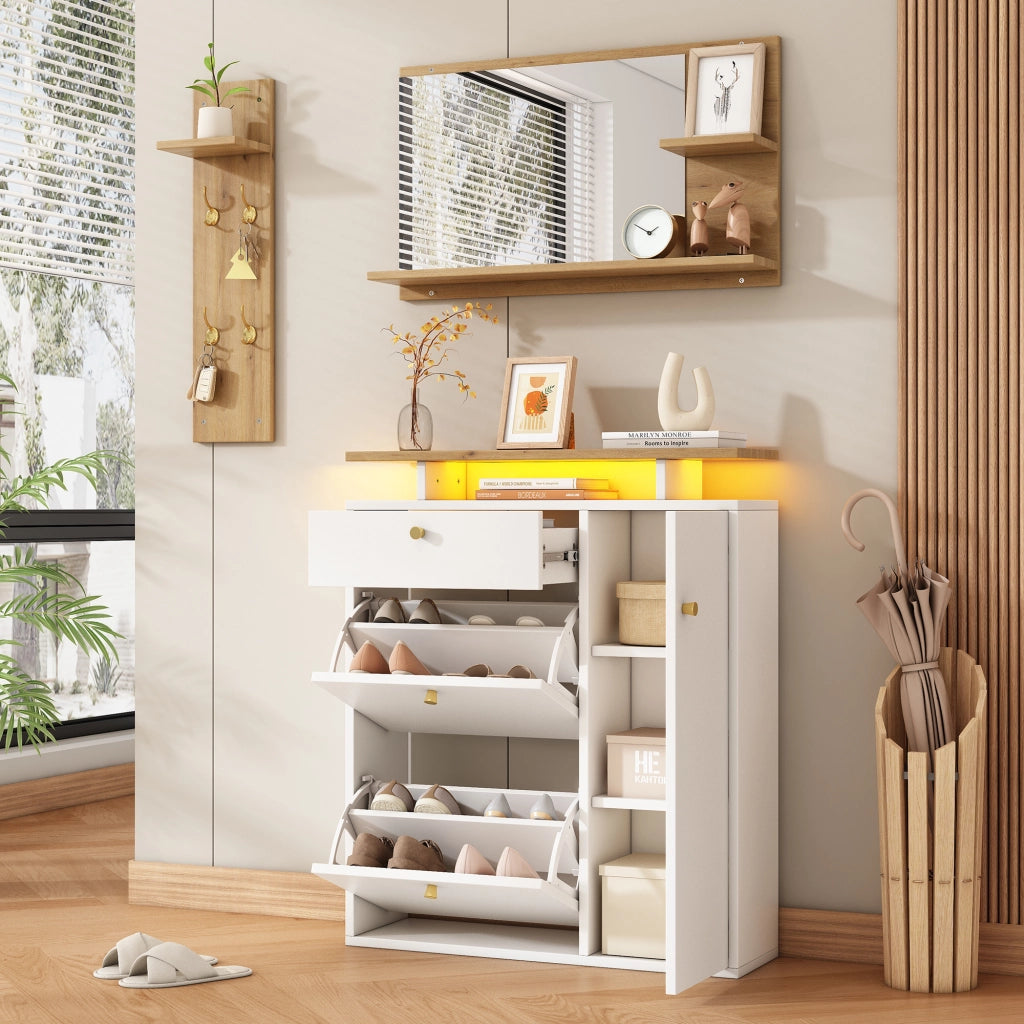 Set Ingresso 3 Pezzi con Specchio, Appendiabiti LED, Ganci e Scarpiera ¨C MINIMAL ¨C Bianco/Naturale 105x25x151.5 cm