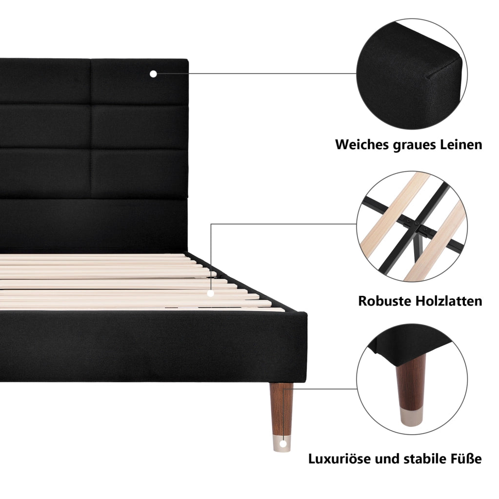 Letto matrimoniale 140x200 cm imbottito con rete a doghe; grigio; struttura in legno