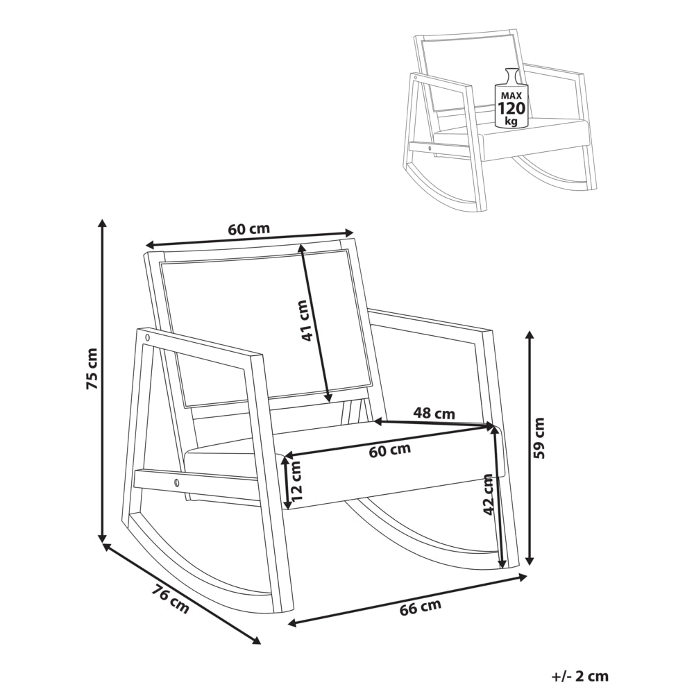 Poltrona a dondolo con rivestimento in tessuto beige chiaro e legno marroneschienale intrecciato struttura in legno per salotto e camera da letto