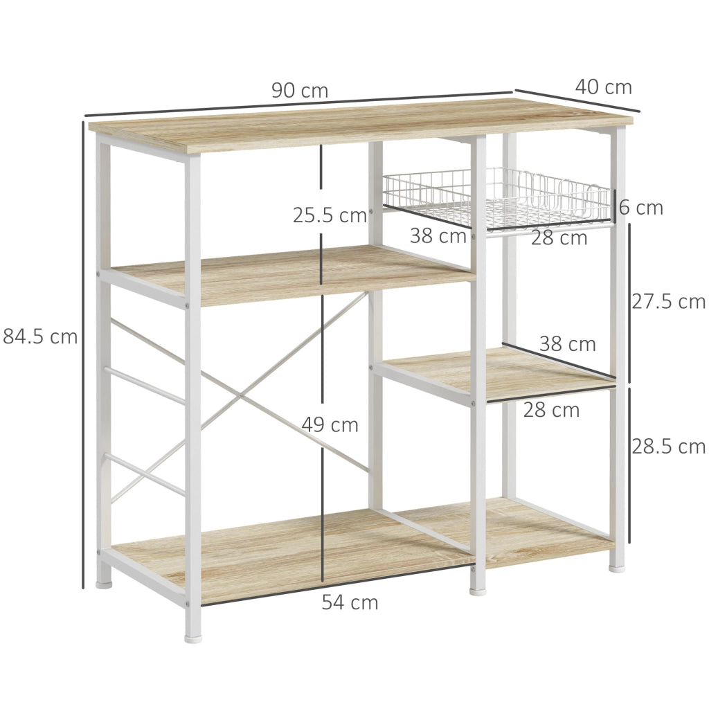 EasyComfort Mobile Cucina Moderno a 4 Ripiani con Cestino e Ganci in Legno e Acciaio, 90x40x84.5cm, Quercia e Bianco
