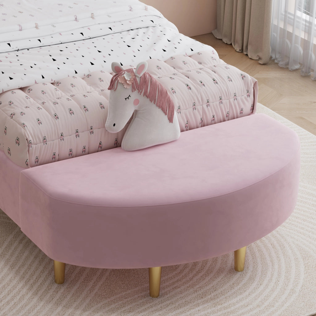 Letto singolo imbottito rosa 90x200 cm con testiera in velluto e panca coordinata