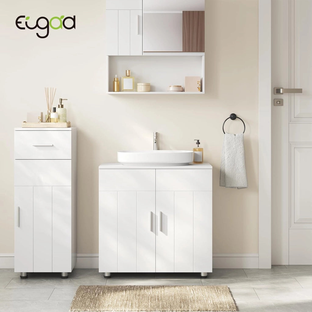 Mobile Sottolavabo per Bagno in MDF, Armadietto Salvaspazio con Ripiano Regolabile Mobiletto, Mobile Copricolonna con Maniglie e Gambe in Metallo, Bianco, Argento, 60x30x60cm