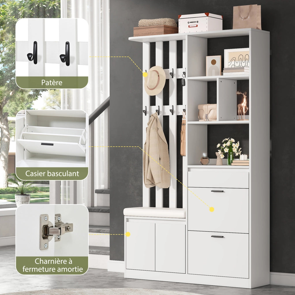 Garderoba da ingresso multifunzionale 120x30x200 cm in MDF bianco con panca e scarpiera