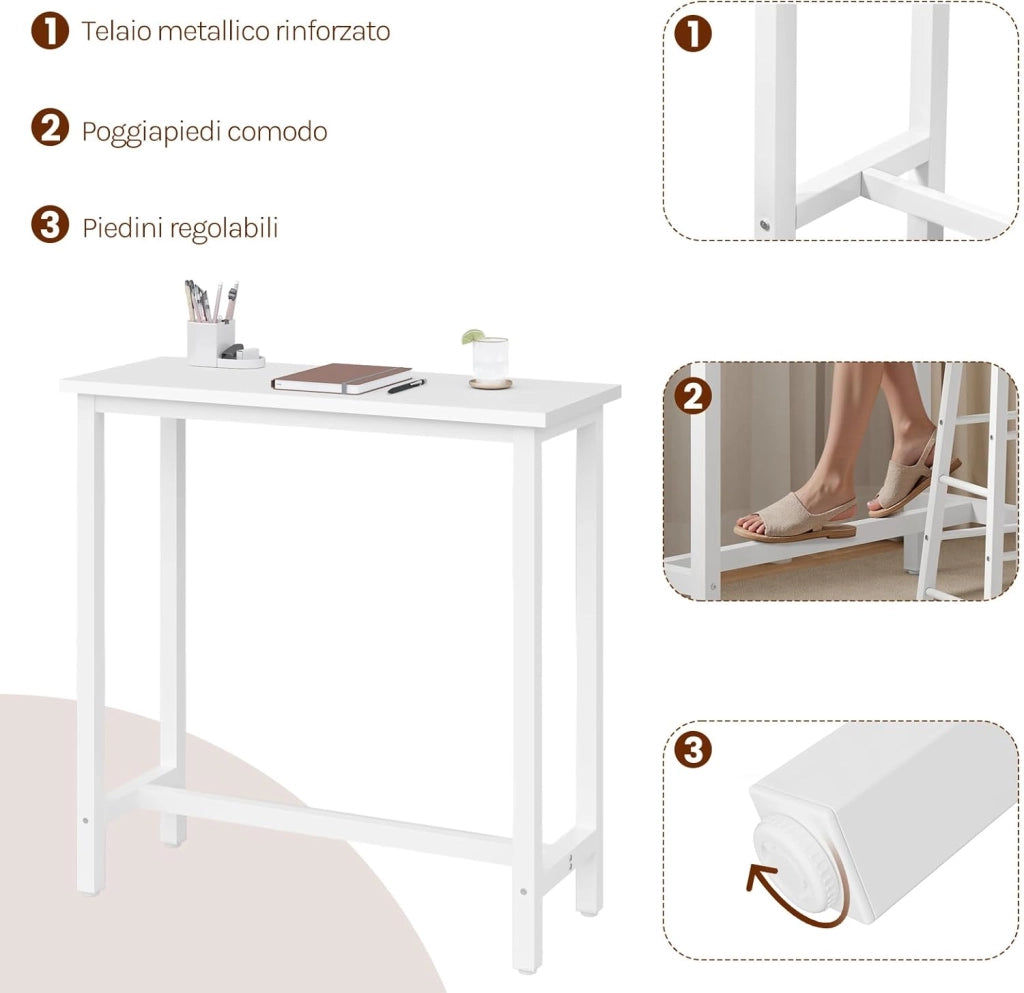 Tavolo Alto con 2 Sgabelli, Set Pranzo per Cucina, Sala da Pranzo, Isola da Cucina, Sgabelli Rotondi, Struttura in Metallo, Design Industriale, Bianco