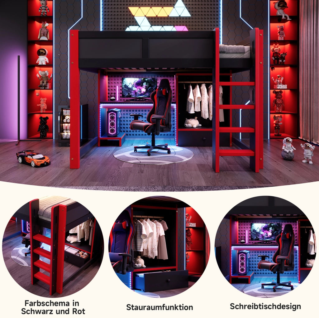 Letto a soppalco gaming 140x200 cm con scrivania nero/rosso