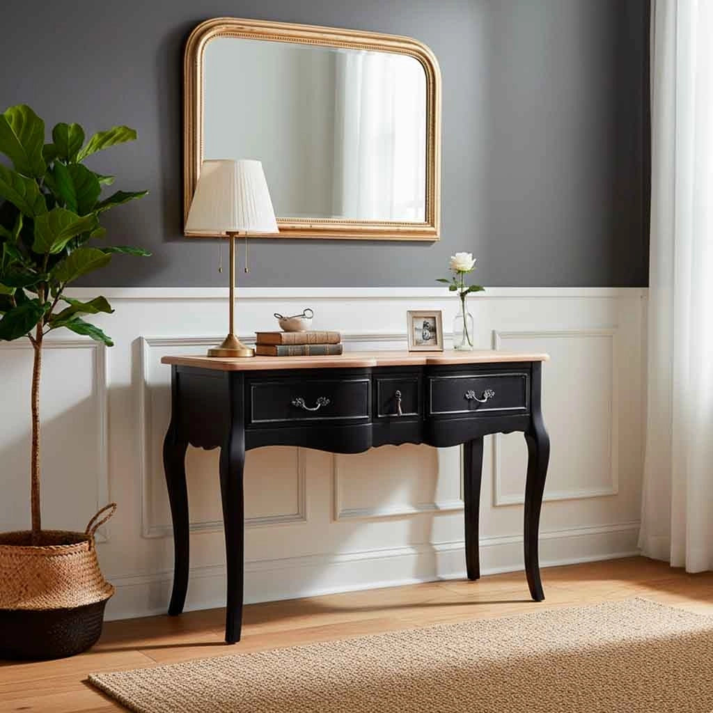 Console in legno laccato nero invecchiato con 3 cassetti 115x50x80h cm
