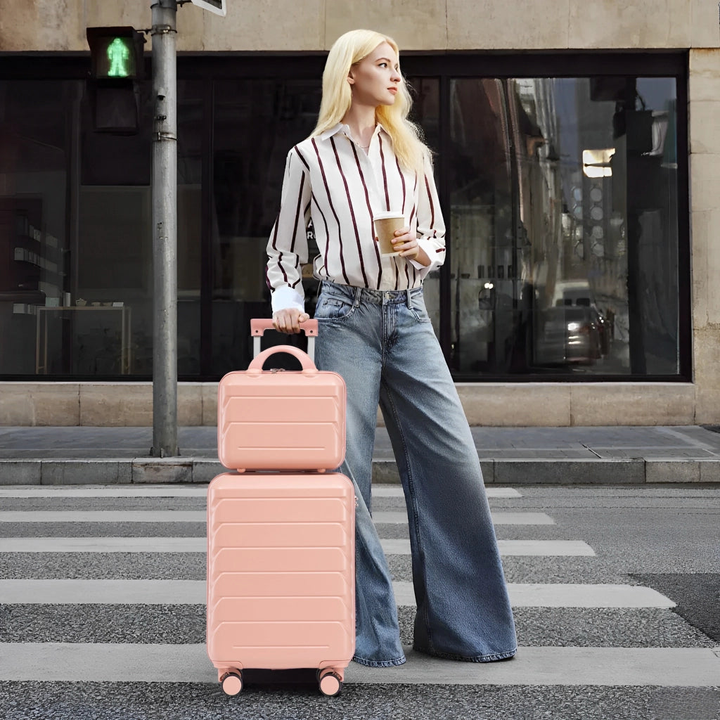 Set di due valigie girevoli in ABS da 14"/19" con lucchetto a combinazione e trousse da 14" (rosa)