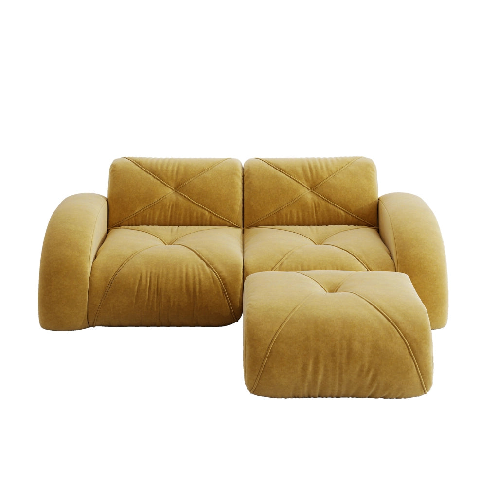 Divano modulare 2 posti con pouf in chenille gialla; 204x171x76 cm