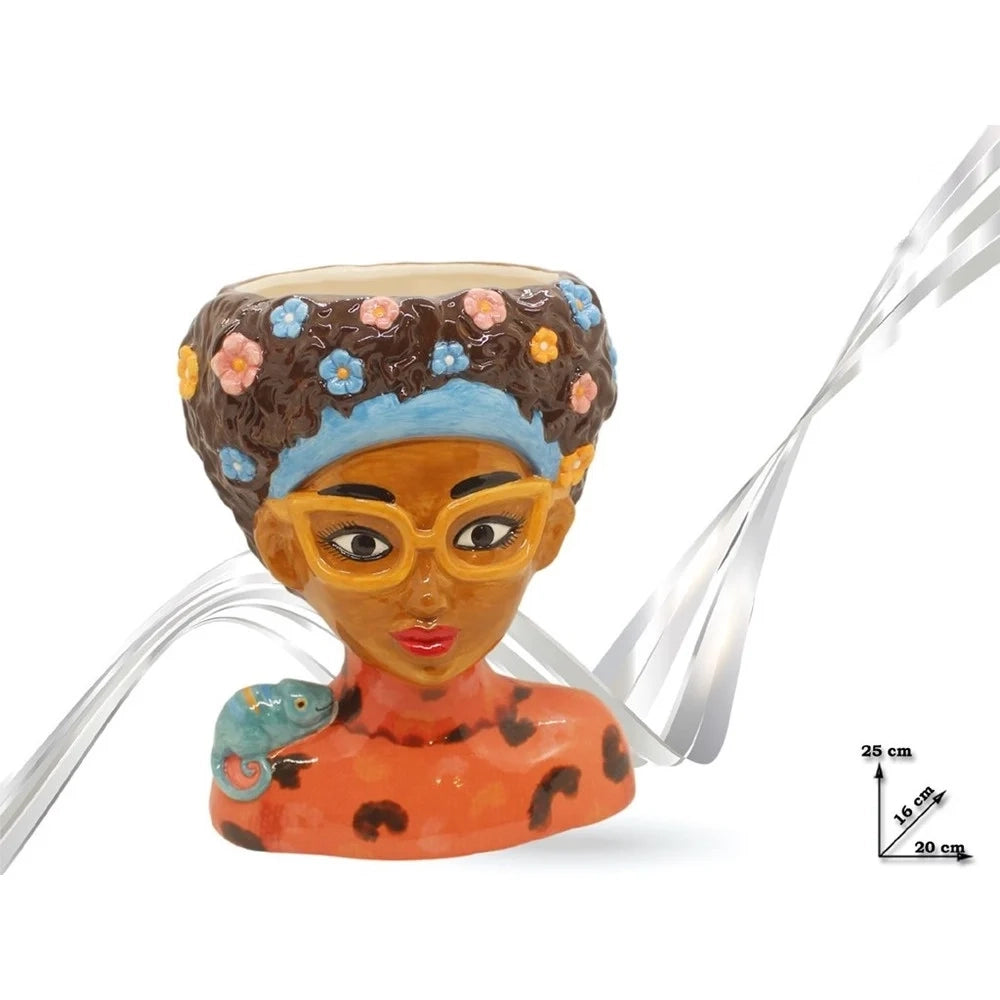 Trade Shop - Vaso Portapianta Statua Donna Con Occhiali Gialli In Ceramica Colorata 20x16x25hcm 9013649 -